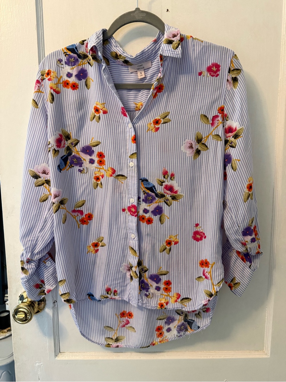 Striped Floral Button-Up Blouse in Light Blue with bird accents